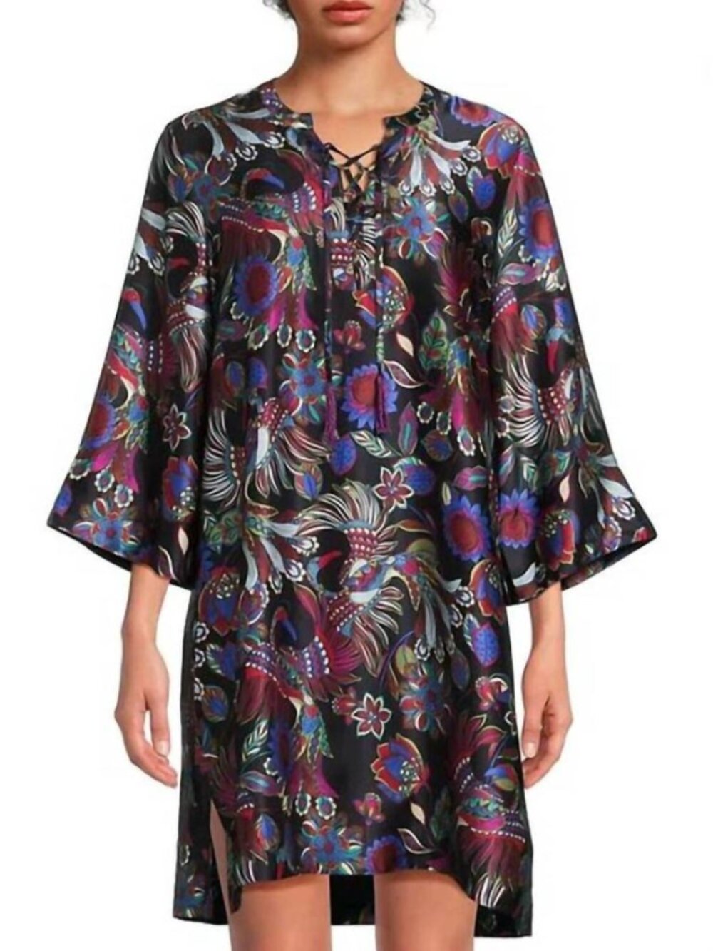 NEW Johnny Was Rayon Silk Vibrant Floral Tie Front Kimono Dress Size Small
